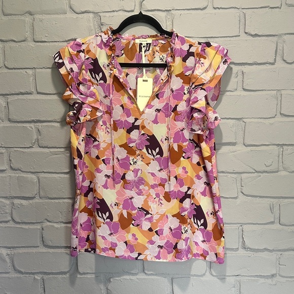 NEW Pleione Floral Ruffle Sleeve Blouse - Pink and Yellow size M - Picture 4 of 6